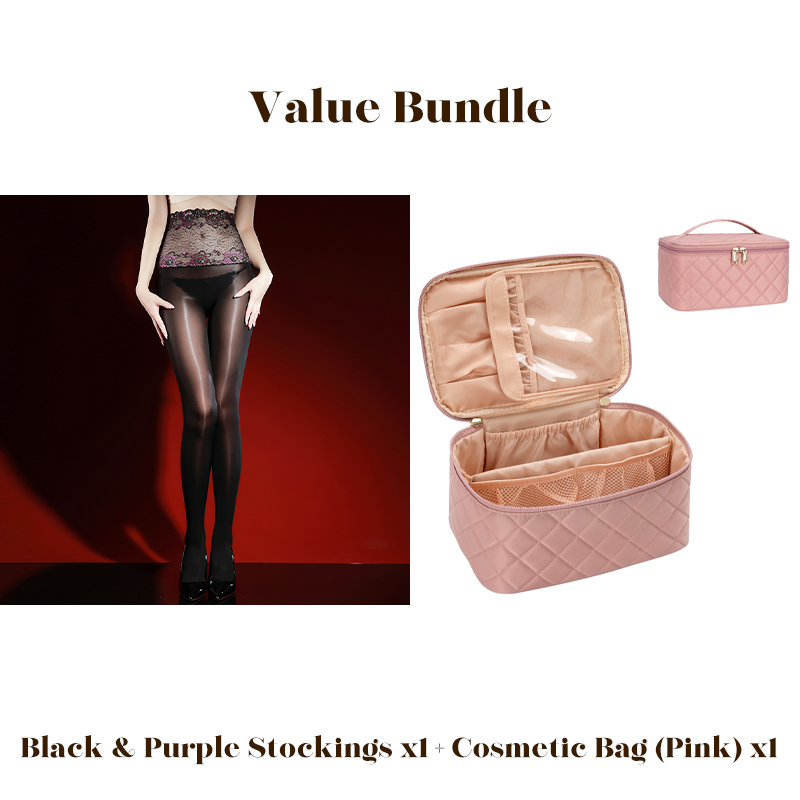Glanzende panty met geborduurd rozenkant, inclusief cosmeticatas