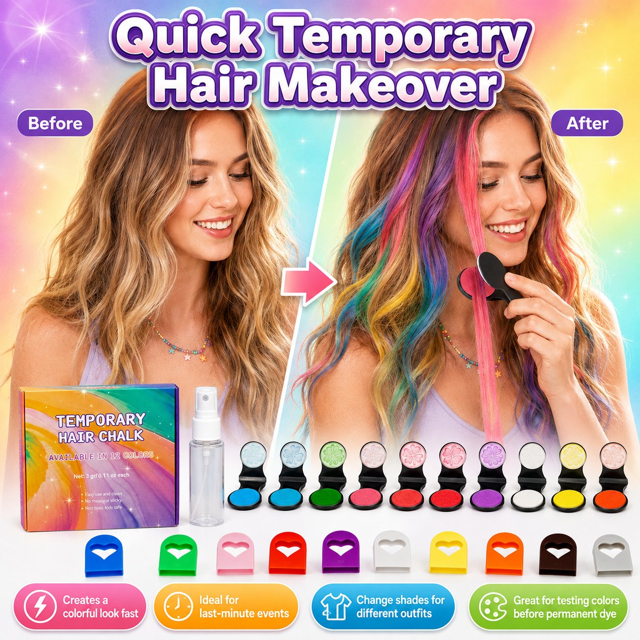 🔥Last Day 49% OFF - 🌈12-Color Temporary Hair Chalk Applicator Set