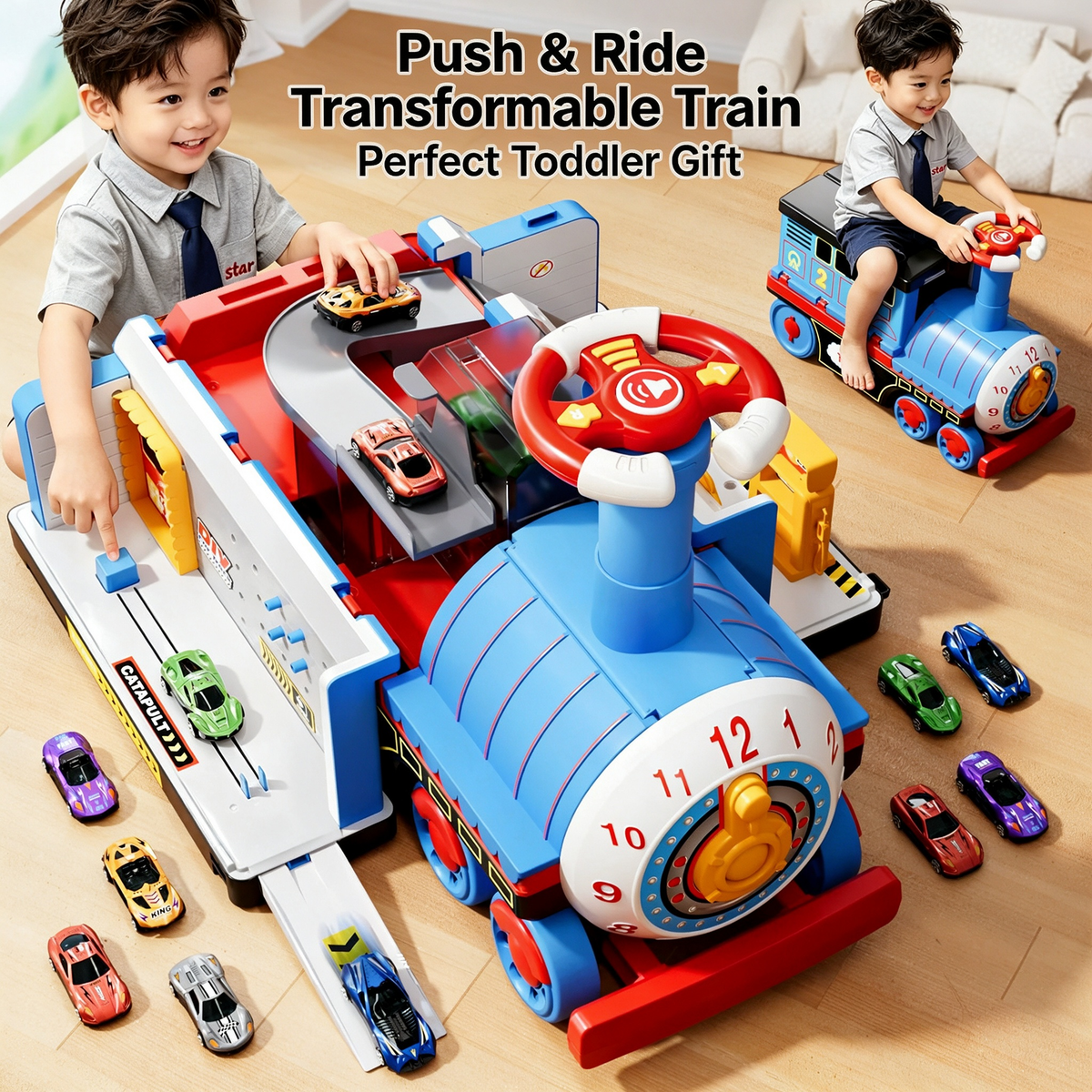 🚂 Treno Giocattolo per Bambini – Grande Locomotiva Trasformabile da Cavalcare, puoi spingerlo, tirarlo, sederti e cavalcarlo. Gioco sicuro per bambini piccoli, stimola la motricità e la creatività.