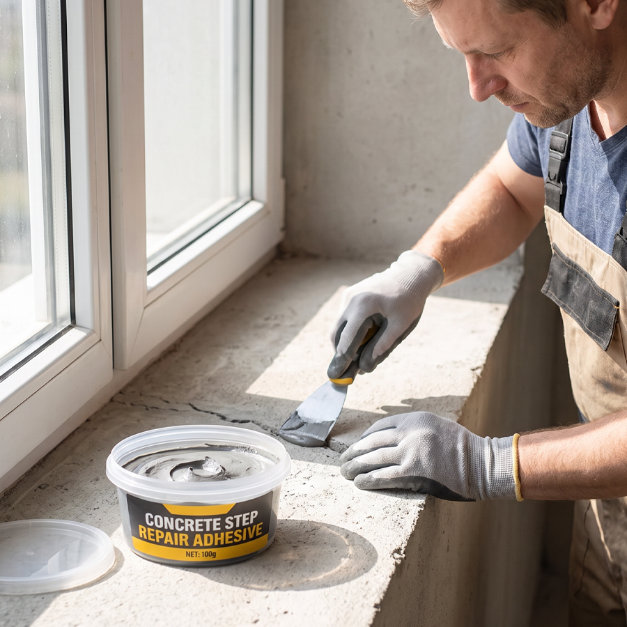 Concrete repair adhesive used on a concrete ledge