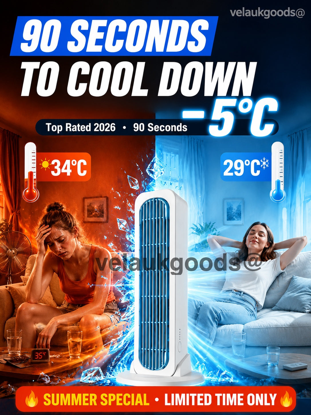【Cool the Entire Room in 90 Seconds】Tower Fan—an air conditioner that can be used in both upright and horizontal positions