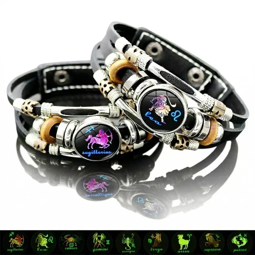 ☪️Glow-in-the-Dark Leather Zodiac Sign Bracelet For Men and Women (6.9/8.1 inches)♑️