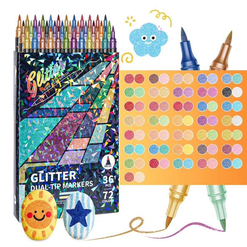 🎨Glitter Effect Brush Markers🥇✨: Create Sparkling Art Smoothly 🥳(🌈24-96 Colors | Smooth No Clog | No Bleed Through📝)