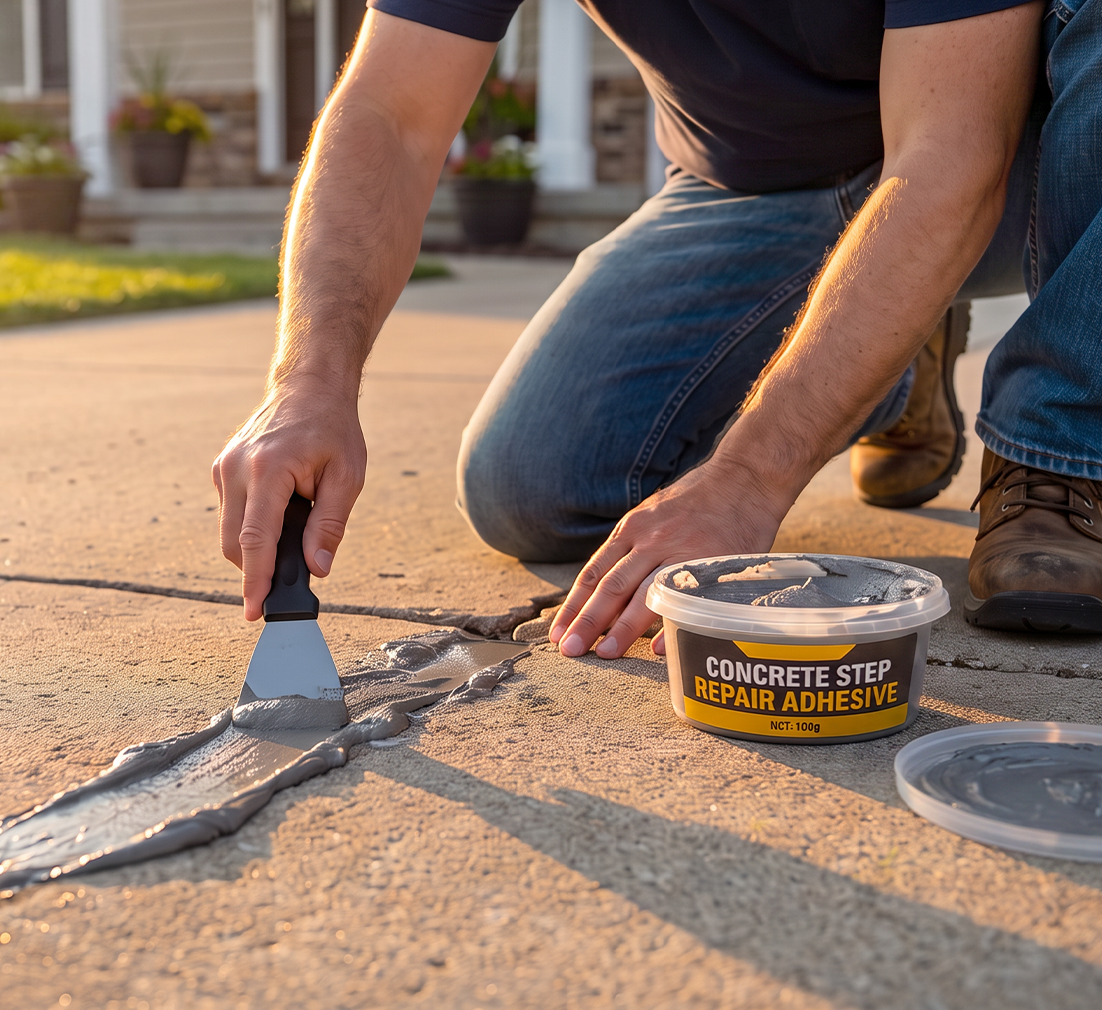 Concrete Step Repair Adhesive being applied to damaged concrete