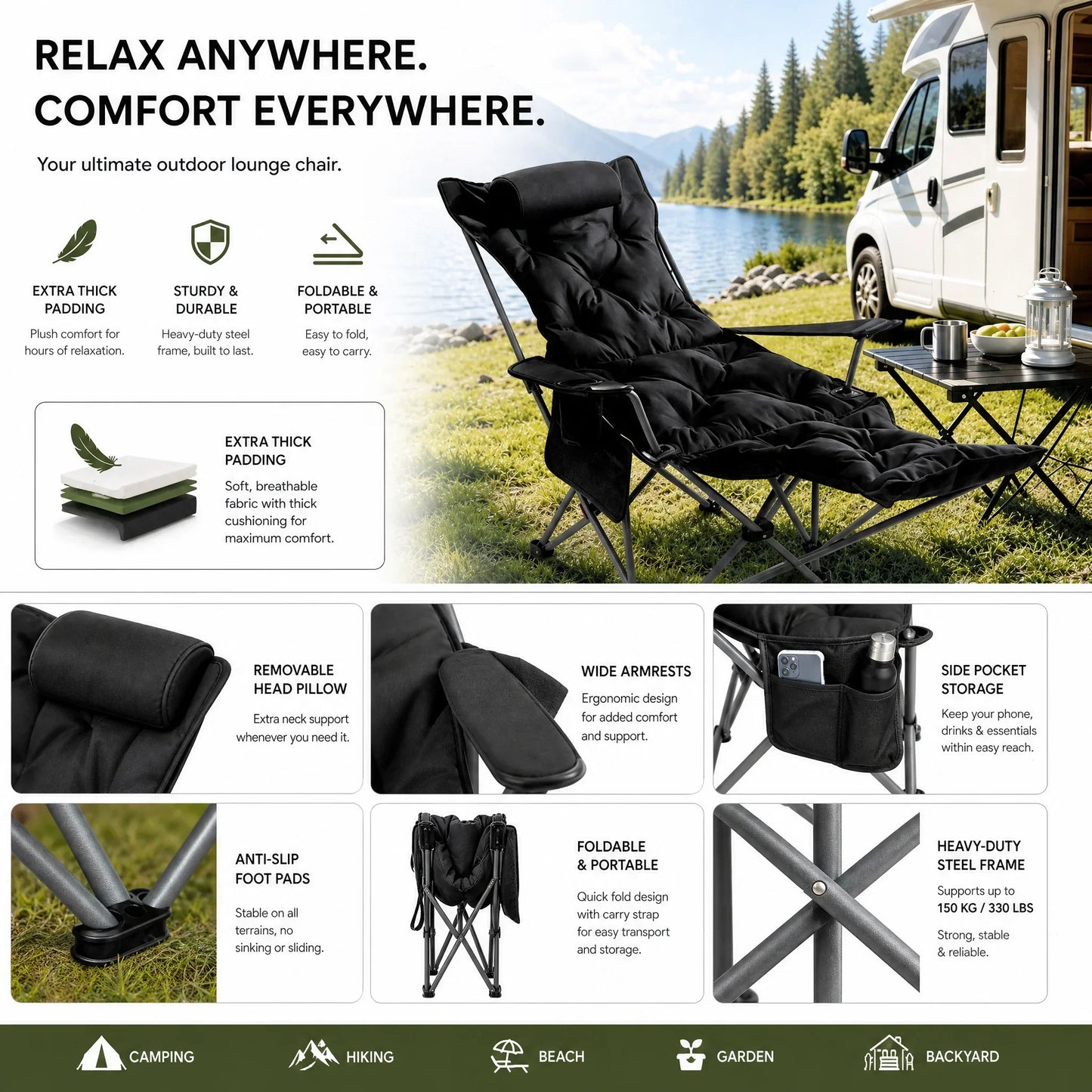 🥳2026 HOT SALE🥳💞50K+ SOLD!🪑🛡️ 50% OFF! Portable Folding Outdoor Chair – 300lb capacity, carbon steel frame, 3‑4 reclining positions. Anti‑sink feet, stable on any terrain! 🏕️✨