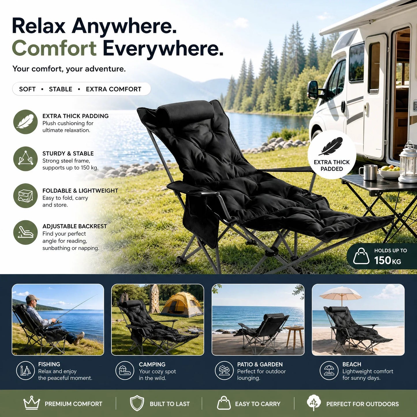🥳2026 HOT SALE🥳💞50K+ SOLD!🪑🛡️ 50% OFF! Portable Folding Outdoor Chair – 300lb capacity, carbon steel frame, 3‑4 reclining positions. Anti‑sink feet, stable on any terrain! 🏕️✨