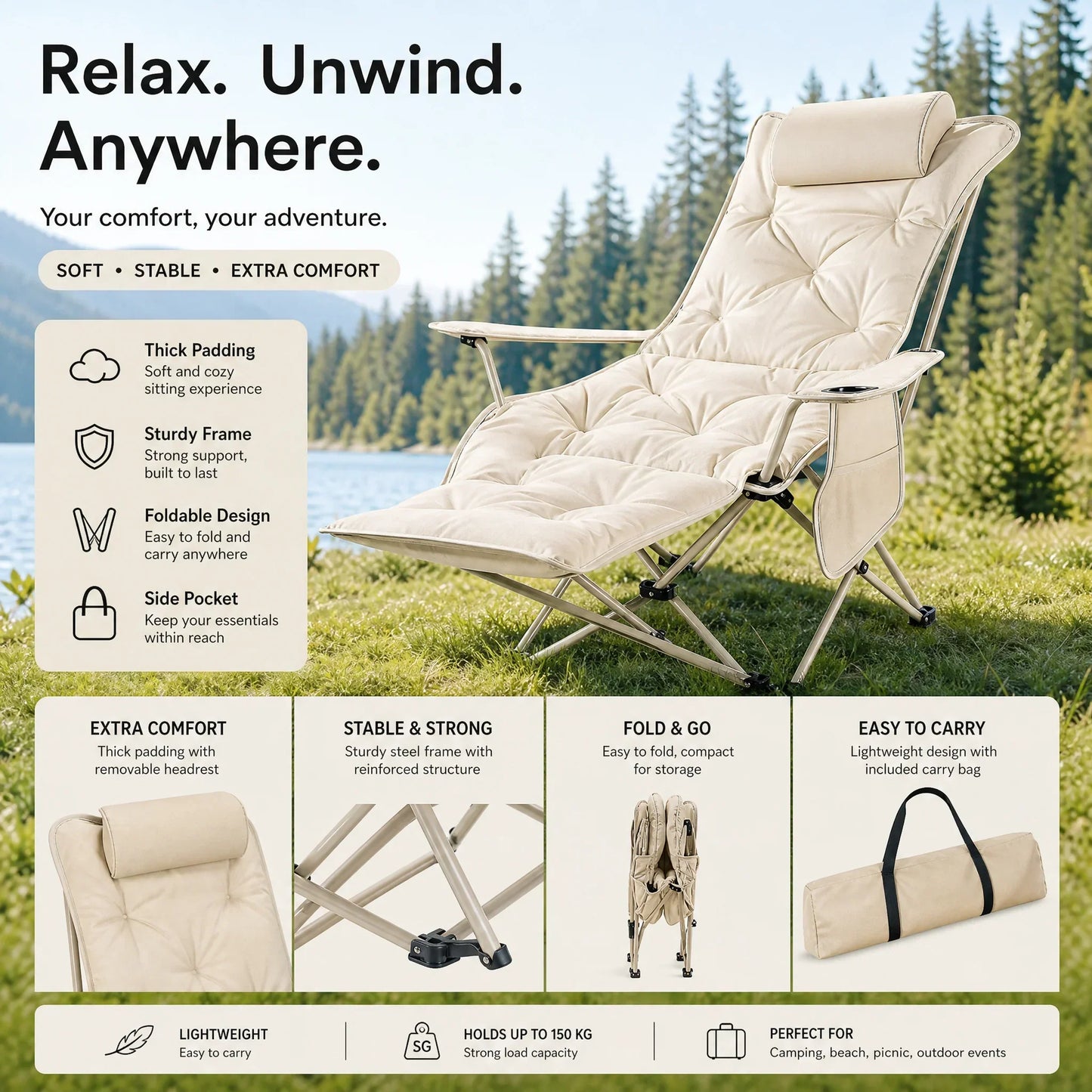 🥳2026 HOT SALE🥳💞50K+ SOLD!🪑🛡️ 50% OFF! Portable Folding Outdoor Chair – 300lb capacity, carbon steel frame, 3‑4 reclining positions. Anti‑sink feet, stable on any terrain! 🏕️✨