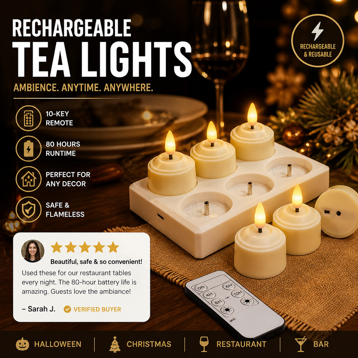 🎃✨ Rechargeable LED Tea Light Candle, 10-Key Remote Control & 80H Super Long Lasting, Flameless Flickering Candle Lamp, USB Rechargeable Ambient Light for Halloween Christmas Home Party Festival Decor