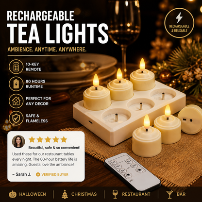 🎃✨ Rechargeable LED Tea Light Candle, 10-Key Remote Control & 80H Super Long Lasting, Flameless Flickering Candle Lamp, USB Rechargeable Ambient Light for Halloween Christmas Home Party Festival Decor