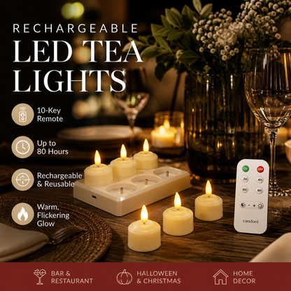 🎃✨ Rechargeable LED Tea Light Candle, 10-Key Remote Control & 80H Super Long Lasting, Flameless Flickering Candle Lamp, USB Rechargeable Ambient Light for Halloween Christmas Home Party Festival Decor