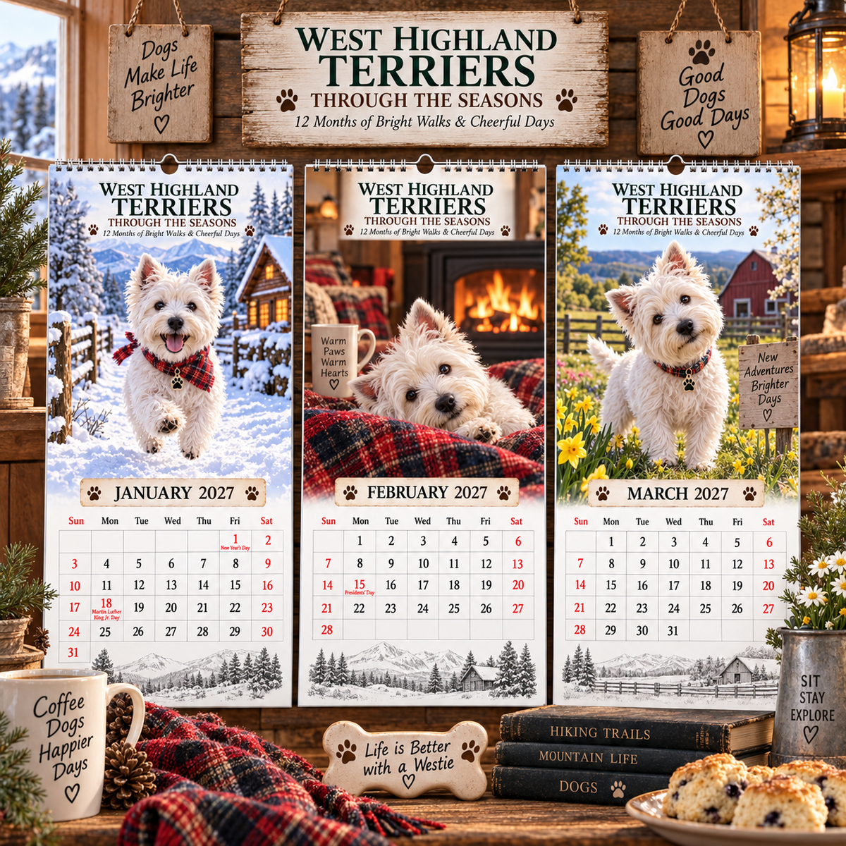 ✨🌲2027 West Highland Terriers Through The Seasons Wall Calendar | Cute Westie Outdoor Adventure Hanging Calendar, Perfect Gift For Dog Lovers 🐶