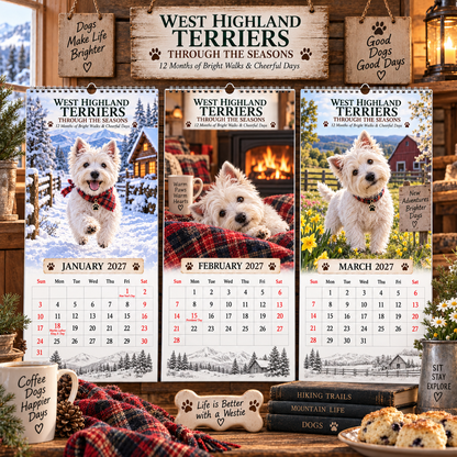 ✨🌲2027 West Highland Terriers Through The Seasons Wall Calendar | Cute Westie Outdoor Adventure Hanging Calendar, Perfect Gift For Dog Lovers 🐶