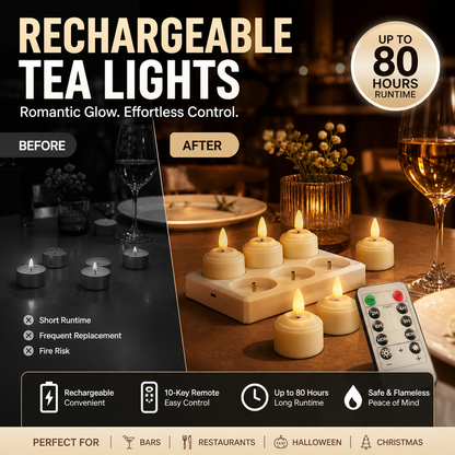 🎃✨ Rechargeable LED Tea Light Candle, 10-Key Remote Control & 80H Super Long Lasting, Flameless Flickering Candle Lamp, USB Rechargeable Ambient Light for Halloween Christmas Home Party Festival Decor