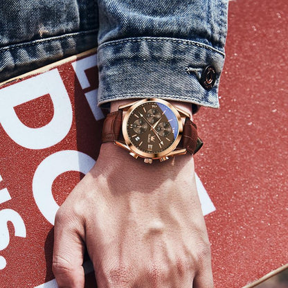 ⏰Hot Sale 50% OFF💥💥OLEVS Triple-Eye Six-Hand Leather Casual Chronograph Men's Watch