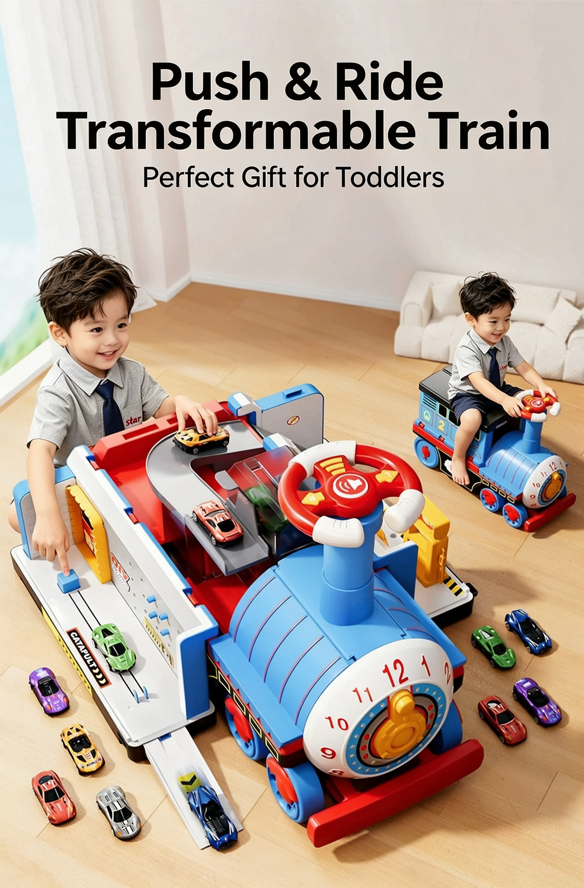 🚂 Treno Giocattolo per Bambini – Grande Locomotiva Trasformabile da Cavalcare, puoi spingerlo, tirarlo, sederti e cavalcarlo. Gioco sicuro per bambini piccoli, stimola la motricità e la creatività.