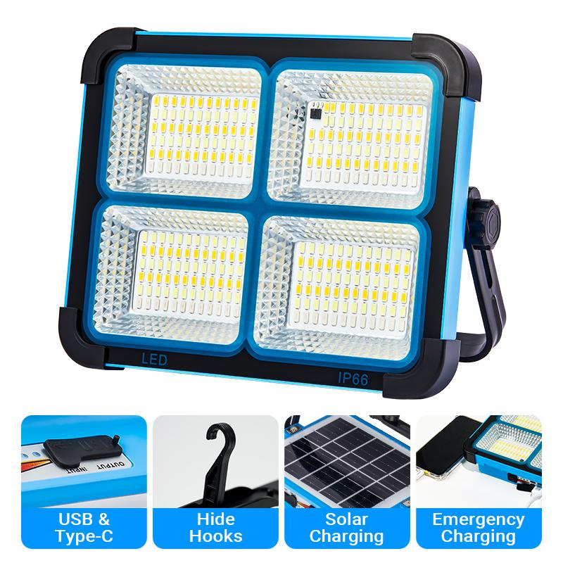 Solar Rechargeable LED Work Light - 288 Super Bright 5730 Beads Floodlight, USB & Type-C Charging, 5 Lighting Modes, IP66 Waterproof, Magnetic, SOS Emergency Signal, Adjustable Stand, Portable Light for Camping, Car Repairs