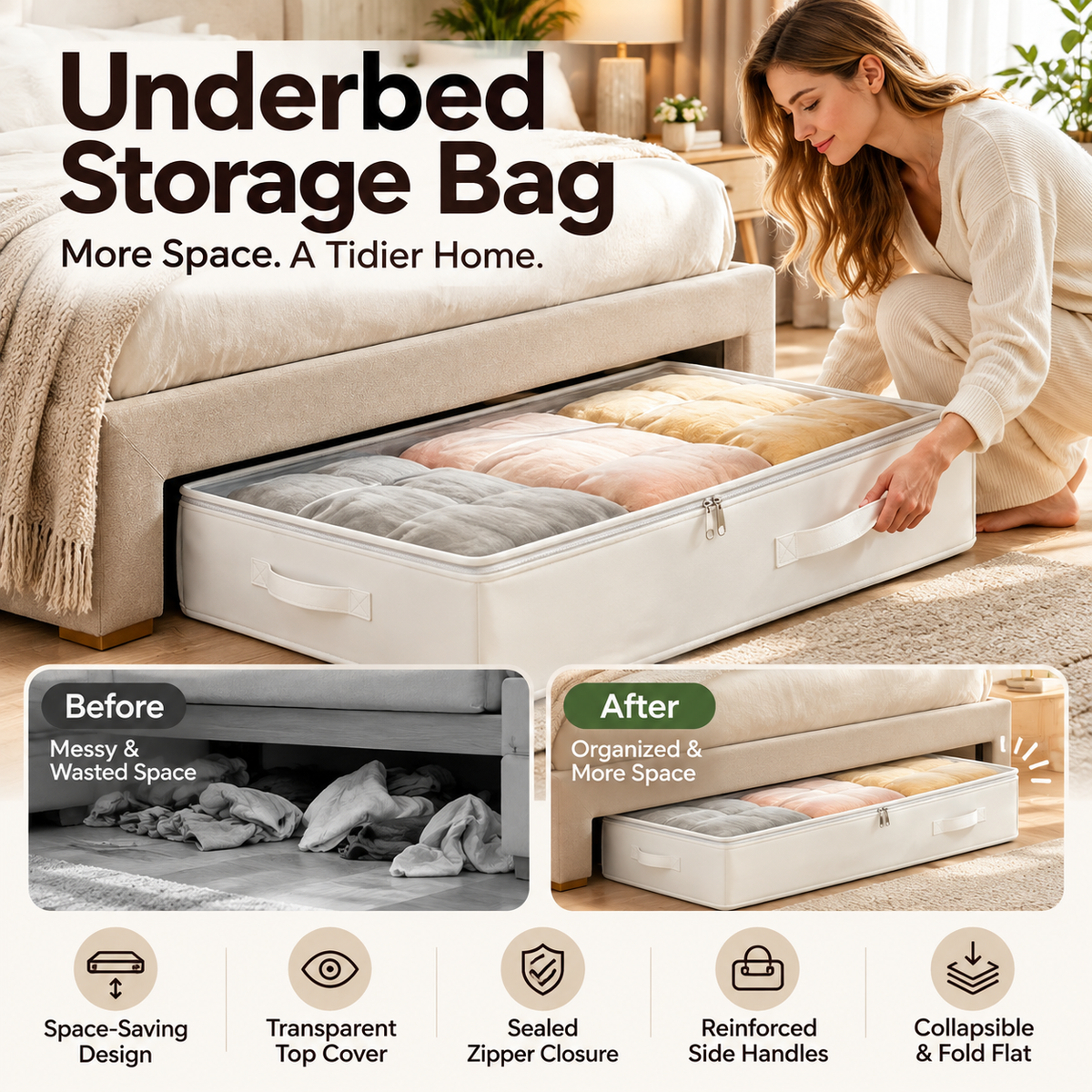 🧺 Foldable Underbed Storage Bag with Zipper Lid, Dustproof Under Bed Storage Container, Sturdy Handle for Clothes, Blankets, Bedding & Seasonal Items