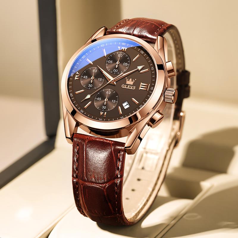 ⏰Hot Sale 50% OFF💥💥OLEVS Triple-Eye Six-Hand Leather Casual Chronograph Men's Watch