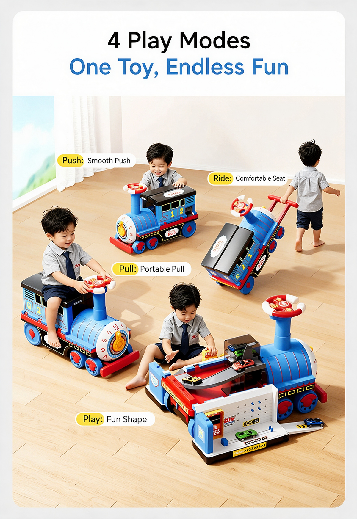 🚂 Treno Giocattolo per Bambini – Grande Locomotiva Trasformabile da Cavalcare, puoi spingerlo, tirarlo, sederti e cavalcarlo. Gioco sicuro per bambini piccoli, stimola la motricità e la creatività.