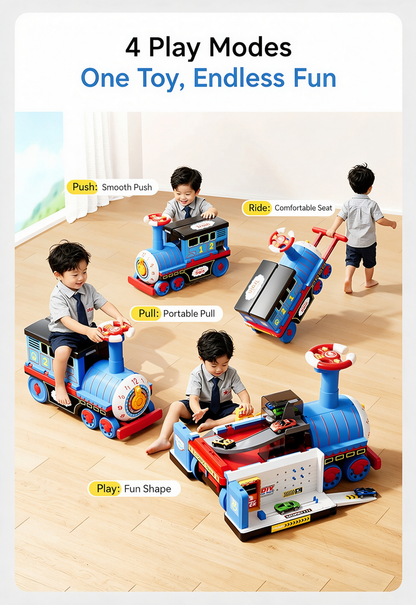 🚂 Treno Giocattolo per Bambini – Grande Locomotiva Trasformabile da Cavalcare, puoi spingerlo, tirarlo, sederti e cavalcarlo. Gioco sicuro per bambini piccoli, stimola la motricità e la creatività.