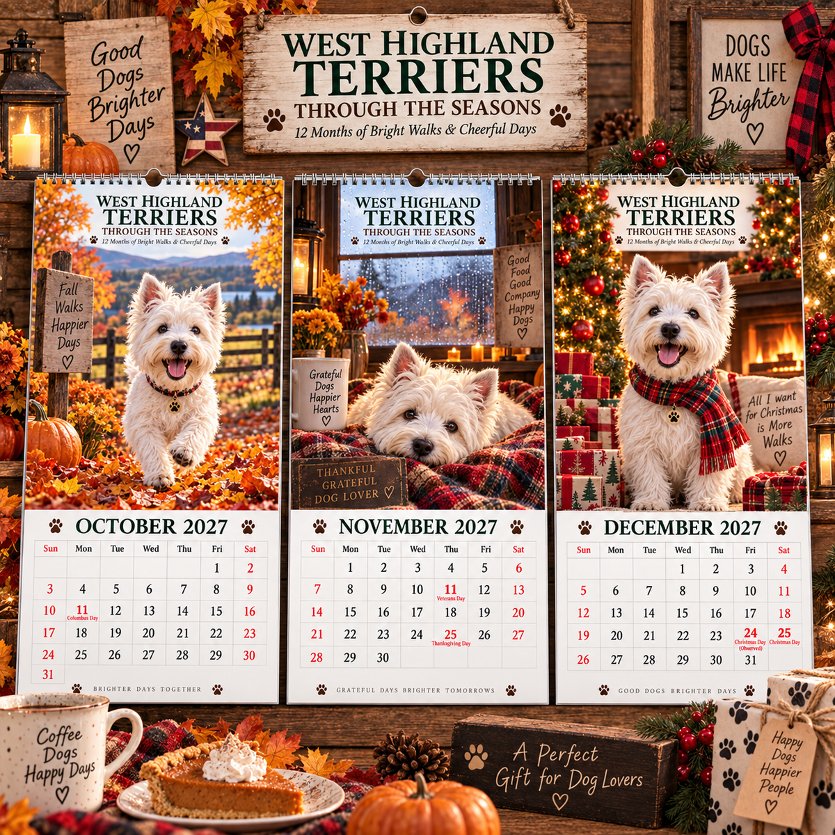 ✨🌲2027 West Highland Terriers Through The Seasons Wall Calendar | Cute Westie Outdoor Adventure Hanging Calendar, Perfect Gift For Dog Lovers 🐶