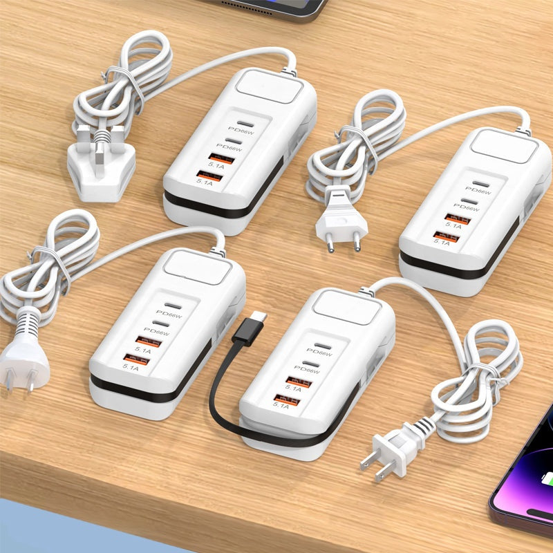 ⚡2026 Hot New Arrivals – Multi-Function Fast Charger 2PD + 2USB! 🔌📱 66W, Built-in Type-C Cable, Safely Charges 4 Devices Simultaneously
