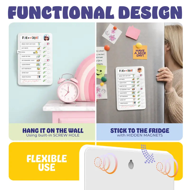 Magnetic Kids Chore Chart - Daily Routine Chart with Checklist, Stickers, Plastic Icons & Visual Task System, Back to School Supply That Builds Structure for Autistic Kids & ADHD Tools