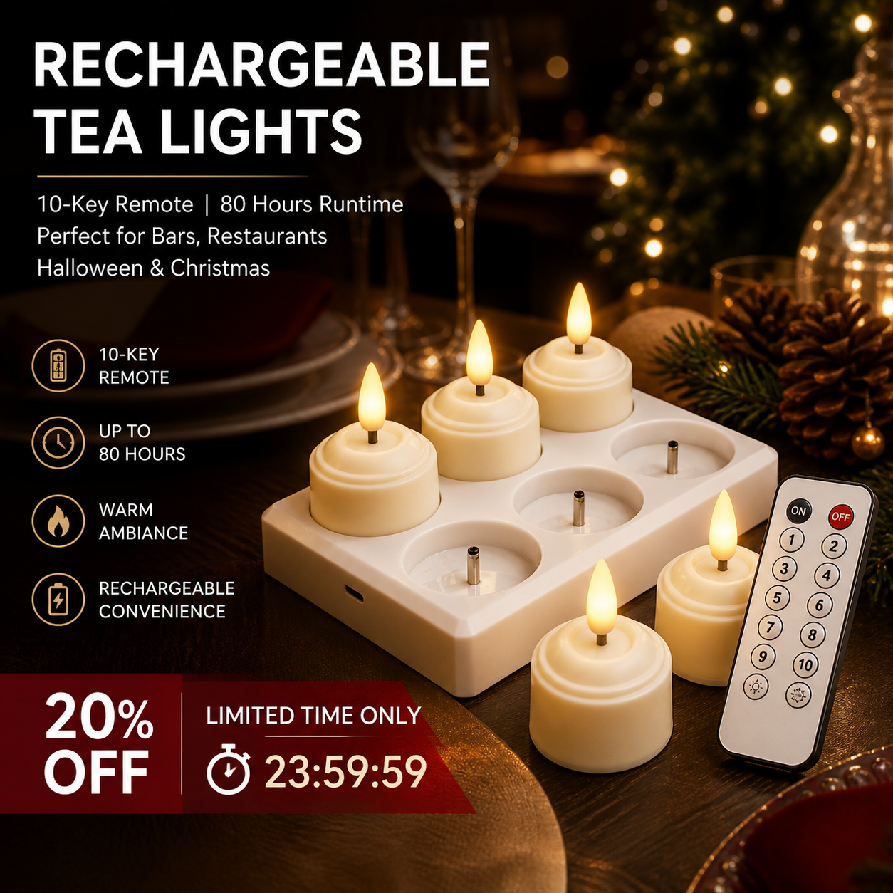 🎃✨ Rechargeable LED Tea Light Candle, 10-Key Remote Control & 80H Super Long Lasting, Flameless Flickering Candle Lamp, USB Rechargeable Ambient Light for Halloween Christmas Home Party Festival Decor