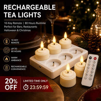 🎃✨ Rechargeable LED Tea Light Candle, 10-Key Remote Control & 80H Super Long Lasting, Flameless Flickering Candle Lamp, USB Rechargeable Ambient Light for Halloween Christmas Home Party Festival Decor
