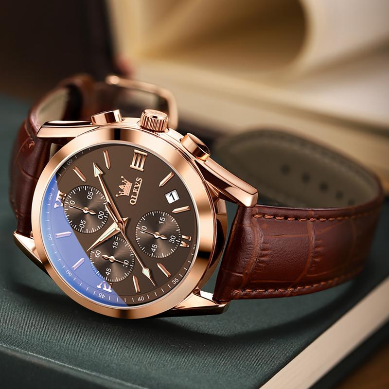 ⏰Hot Sale 50% OFF💥💥OLEVS Triple-Eye Six-Hand Leather Casual Chronograph Men's Watch