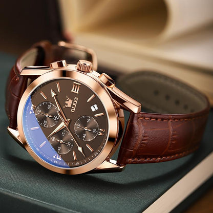 ⏰Hot Sale 50% OFF💥💥OLEVS Triple-Eye Six-Hand Leather Casual Chronograph Men's Watch