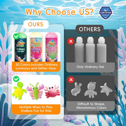 🦄Timetome DIY Squishy Maker Kit for Kids Ages 3+ | Magic Water Elf Gel Toy Set with 20 Gels & 10 Molds, Glitter Glow Sensory Craft Activity for Creative Play