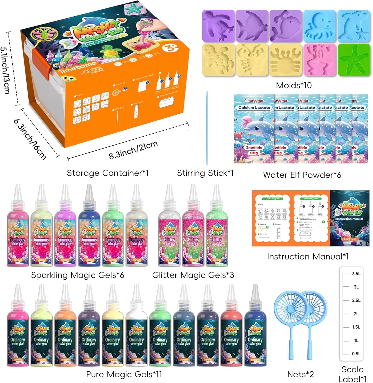 🦄Timetome DIY Squishy Maker Kit for Kids Ages 3+ | Magic Water Elf Gel Toy Set with 20 Gels & 10 Molds, Glitter Glow Sensory Craft Activity for Creative Play