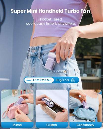 Mini Handheld Fan with LED Display –👍5-Speed Turbo Pocket size Fan.✨USB Rechargeable, High-Speed Cooling for Travel & Makeup. Perfect  Gift.  Portable Refrigeration