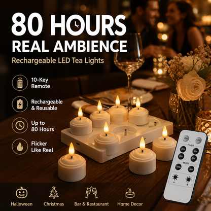 🎃✨ Rechargeable LED Tea Light Candle, 10-Key Remote Control & 80H Super Long Lasting, Flameless Flickering Candle Lamp, USB Rechargeable Ambient Light for Halloween Christmas Home Party Festival Decor