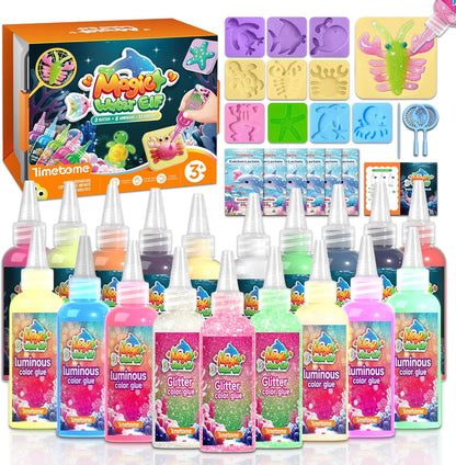 🦄Timetome DIY Squishy Maker Kit for Kids Ages 3+ | Magic Water Elf Gel Toy Set with 20 Gels & 10 Molds, Glitter Glow Sensory Craft Activity for Creative Play