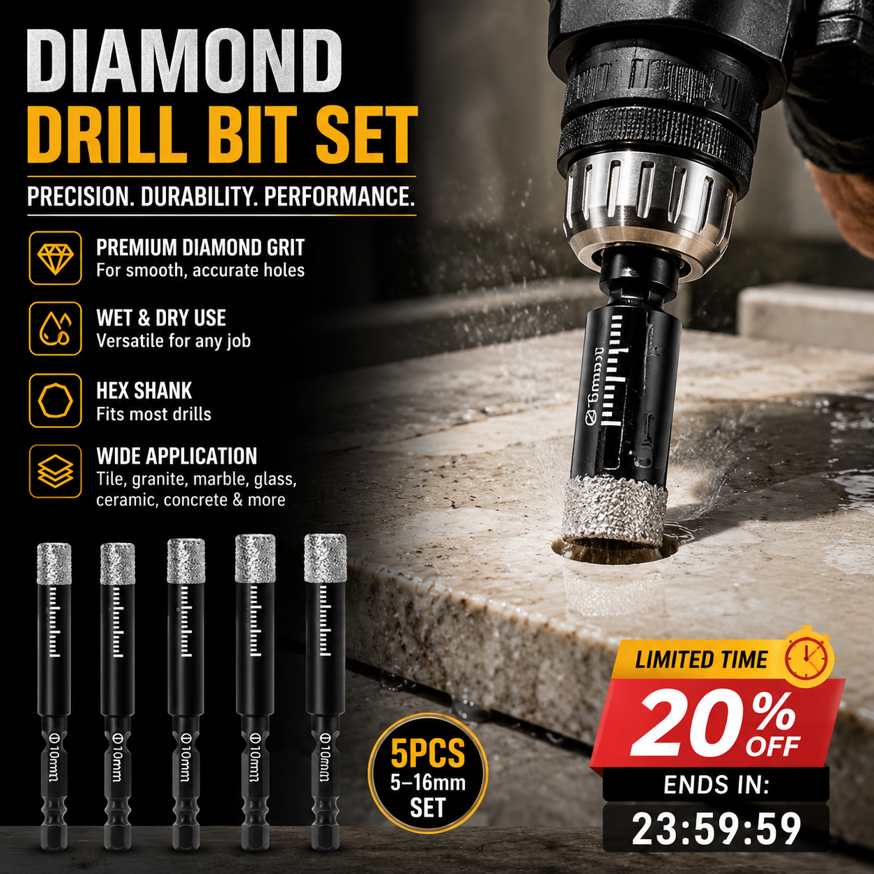 🥳2026 HOT SALE🥳💞50K+ SOLD!🪚🛡️ 50% OFF! Diamond Drill Bits Set – 5‑16mm sizes, hex shank fits most drills. Dry or wet use – smooth, precise holes every time! 💎💪