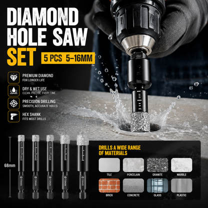 🥳2026 HOT SALE🥳💞50K+ SOLD!🪚🛡️ 50% OFF! Diamond Drill Bits Set – 5‑16mm sizes, hex shank fits most drills. Dry or wet use – smooth, precise holes every time! 💎💪