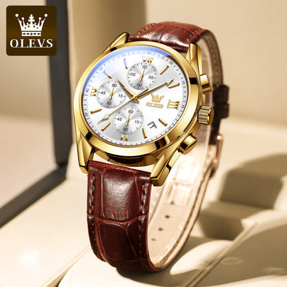 ⏰Hot Sale 50% OFF💥💥OLEVS Triple-Eye Six-Hand Leather Casual Chronograph Men's Watch