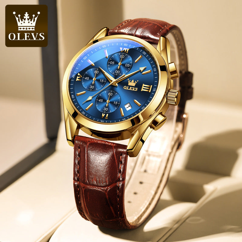 ⏰Hot Sale 50% OFF💥💥OLEVS Triple-Eye Six-Hand Leather Casual Chronograph Men's Watch
