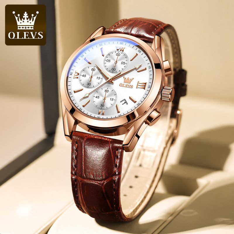⏰Hot Sale 50% OFF💥💥OLEVS Triple-Eye Six-Hand Leather Casual Chronograph Men's Watch