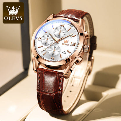 ⏰Hot Sale 50% OFF💥💥OLEVS Triple-Eye Six-Hand Leather Casual Chronograph Men's Watch