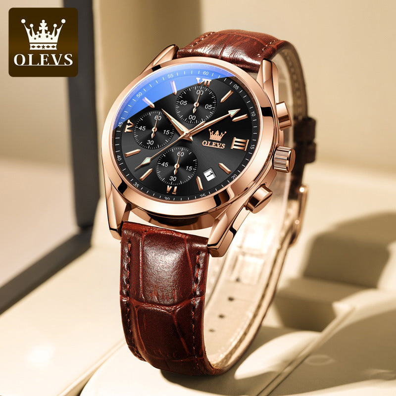 ⏰Hot Sale 50% OFF💥💥OLEVS Triple-Eye Six-Hand Leather Casual Chronograph Men's Watch