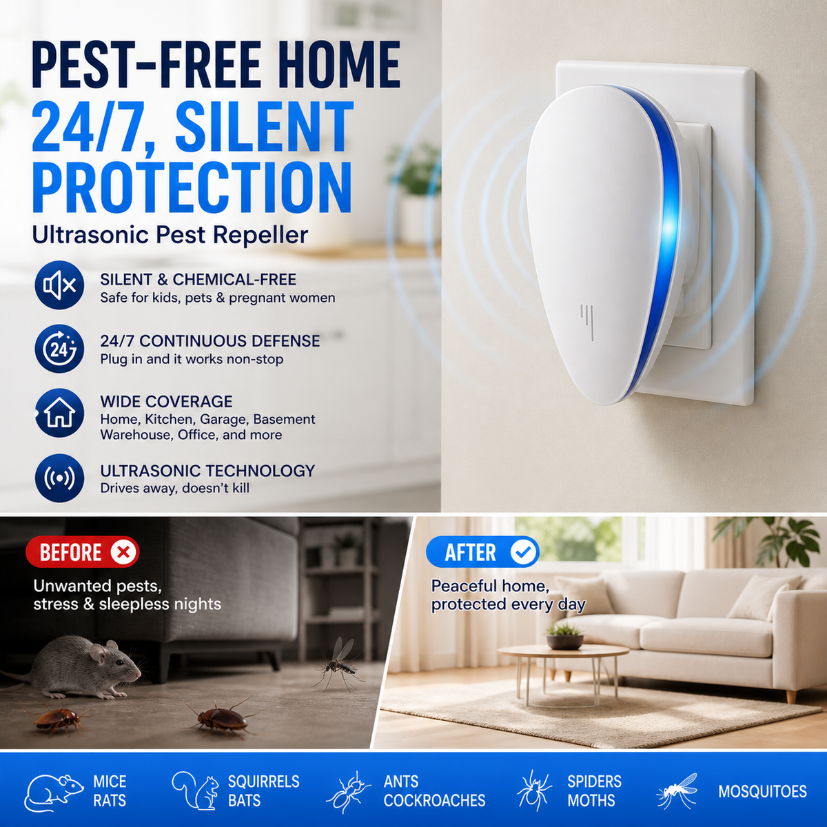 🦟 Ultrasonic Pest Repeller – Silent Plug-In Insect & Rodent Deterrent for Home, Kitchen & Garage