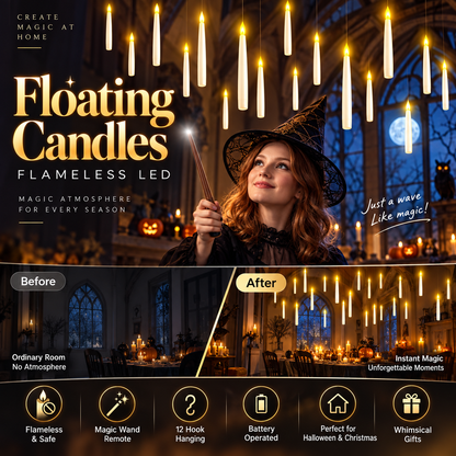Flameless LED Floating Candles – 6.6-Inch Battery-Operated, Includes Wand Remote & 12 Hooks; Perfect for Christmas and Indoor Halloween Decor; A Whimsical Gift