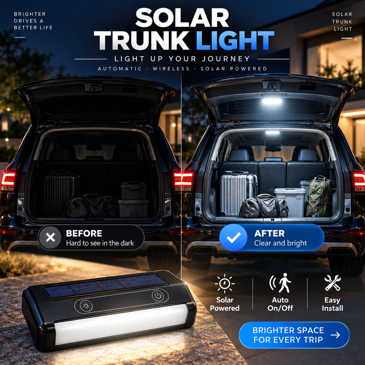 🔆 Solar LED Trunk Light for Cars – Automatic Sensor, Wireless, 6 Colors, for SUVs and Vehicles