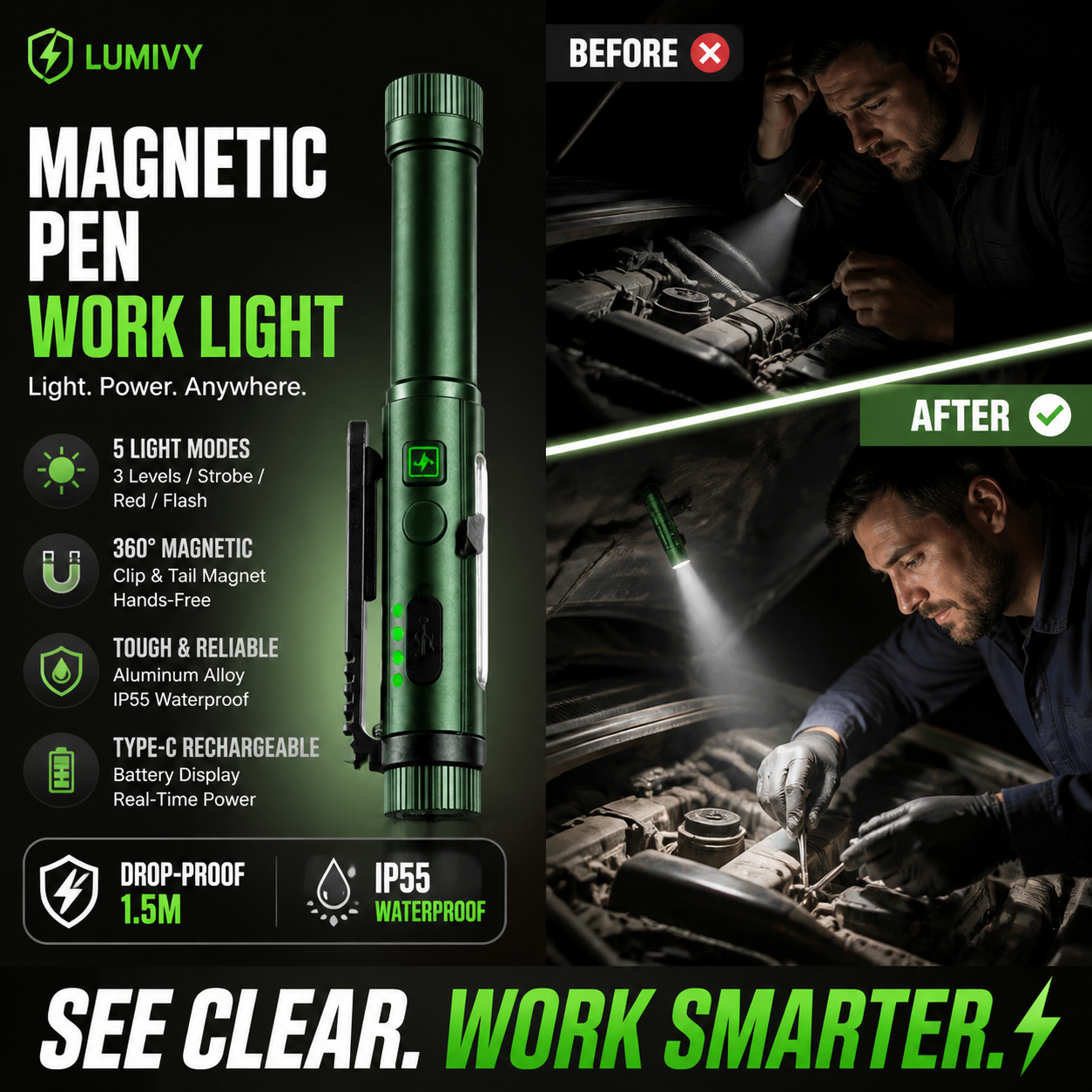 🔦🔥Must-Have Tool! Multifunctional Pen-Shaped Strong Magnetic Work Light, Portable Rotatable LED Work Torch, Magnetic Base Hands-Free Lighting for Repair & Outdoor💡