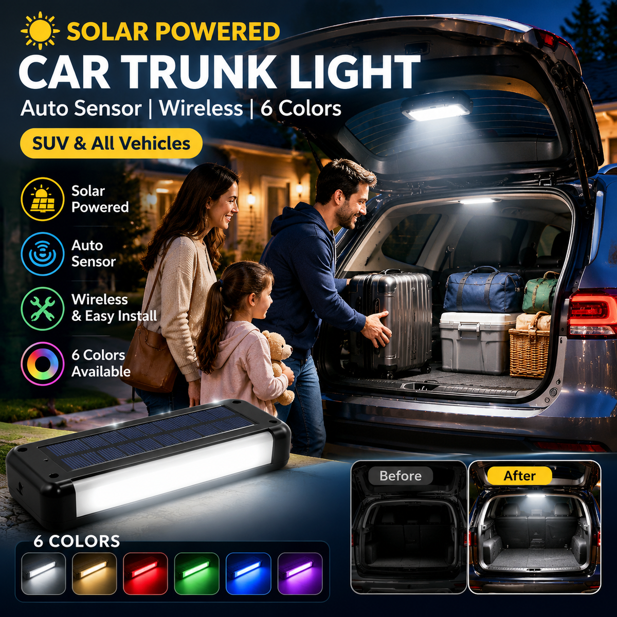 🔆 Solar LED Trunk Light for Cars – Automatic Sensor, Wireless, 6 Colors, for SUVs and Vehicles