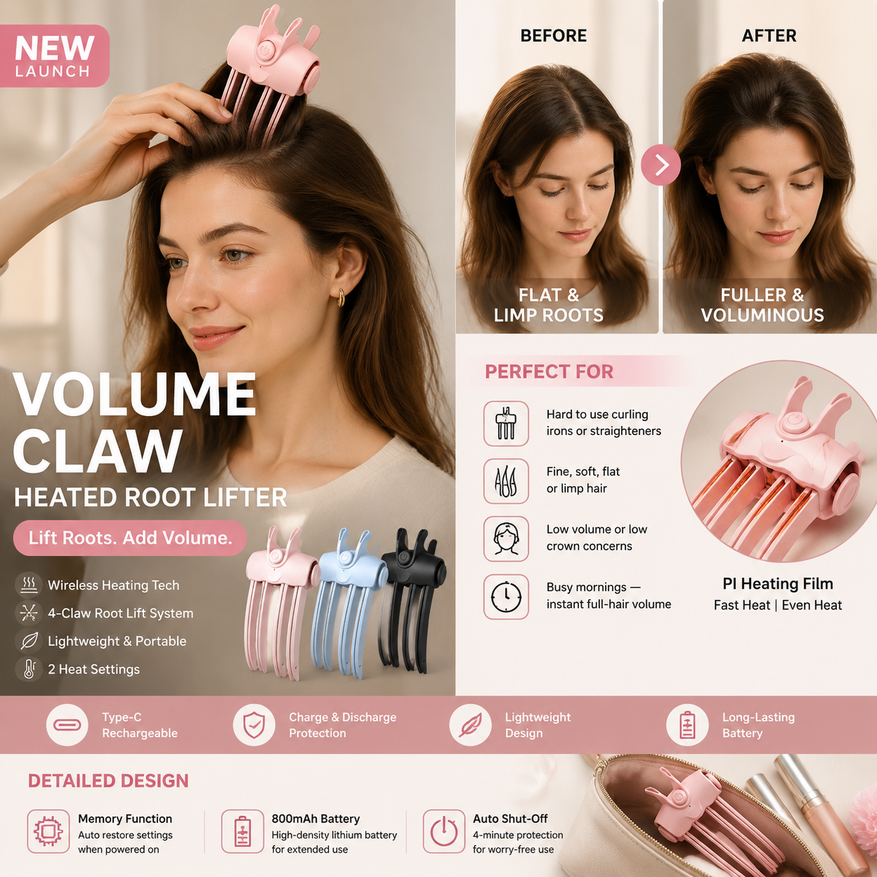 🎉48K+ Sold 💇 Wireless Heated Volumizing Root Lift Clip, Portable Travel Hair Styling Tool for Flat Fine Hair