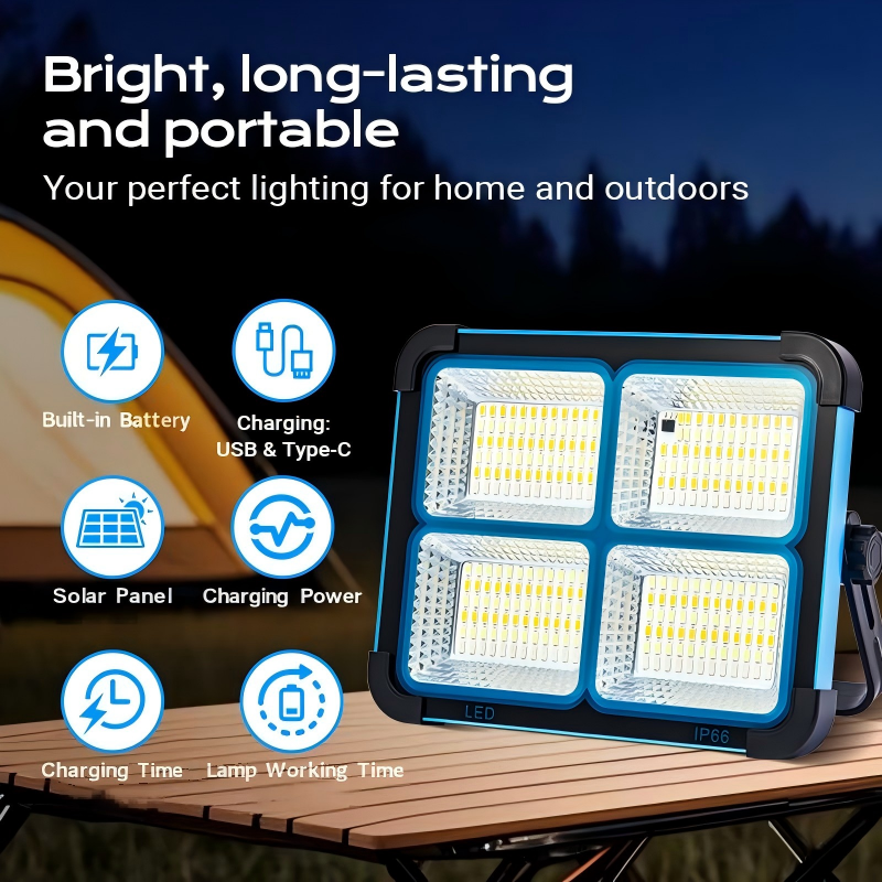 Solar Rechargeable LED Work Light - 288 Super Bright 5730 Beads Floodlight, USB & Type-C Charging, 5 Lighting Modes, IP66 Waterproof, Magnetic, SOS Emergency Signal, Adjustable Stand, Portable Light for Camping, Car Repairs